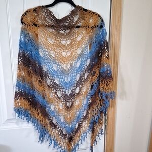 Handmade Chic Blue and Brown Crochet Shawl Wrap 100% Wool